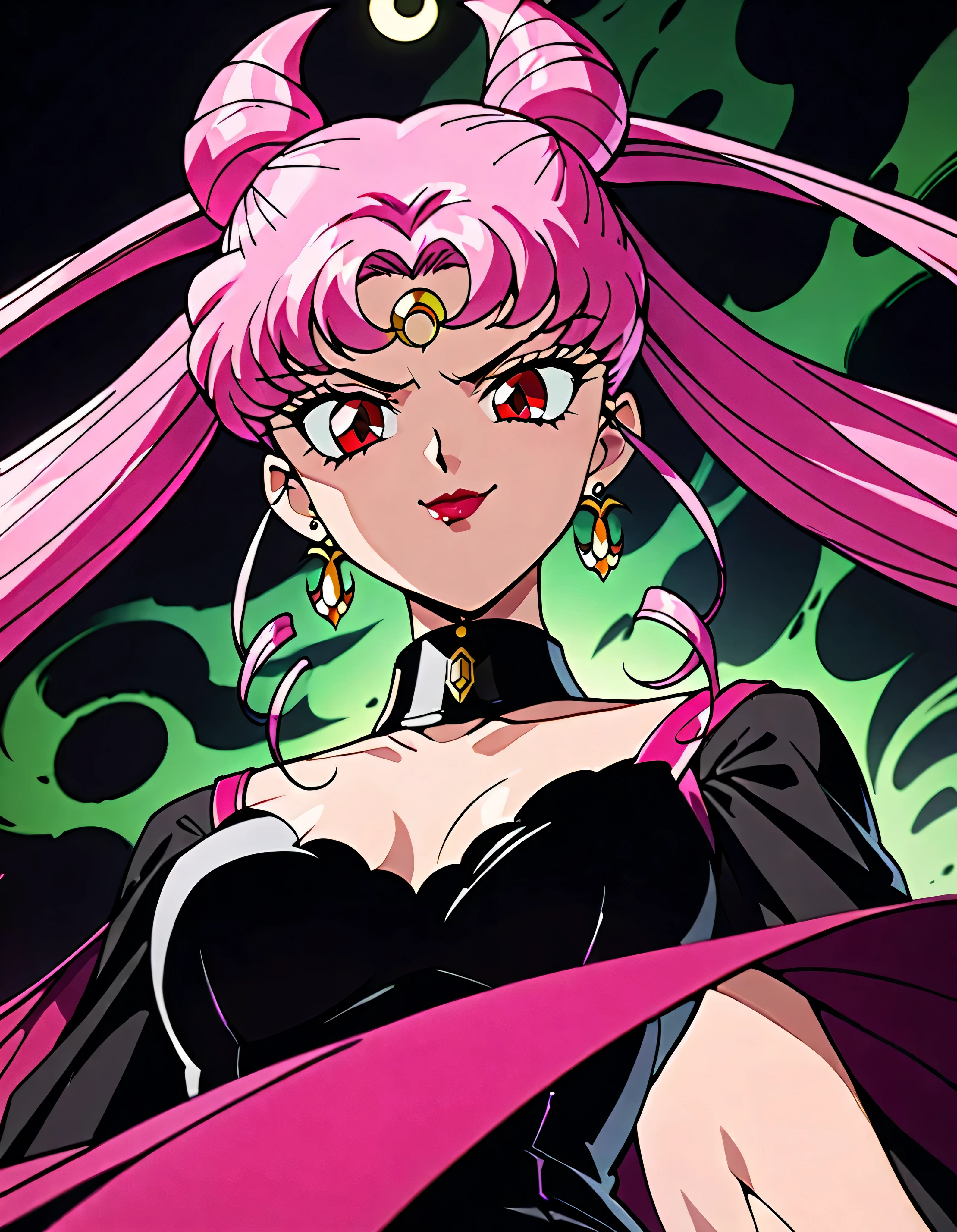  Sailor Moon Wicked Lady, Pink Hair, Red eyes, ,  Black Crescent Moon Mark on Forehead , very evil smirk,beautiful body,shaded face(eyes in evil shadow),((masterpiece,best quality)), absurdes,black dress,upper body,beautiful face,,looking down at viewer,twintail,,Sadistic ridicule,look down,looking down at viewer, ,,from below,close up,Dark Side、Alone.1girl、darkness,wander,cyberpunk,evil and huge black ink swirl background,