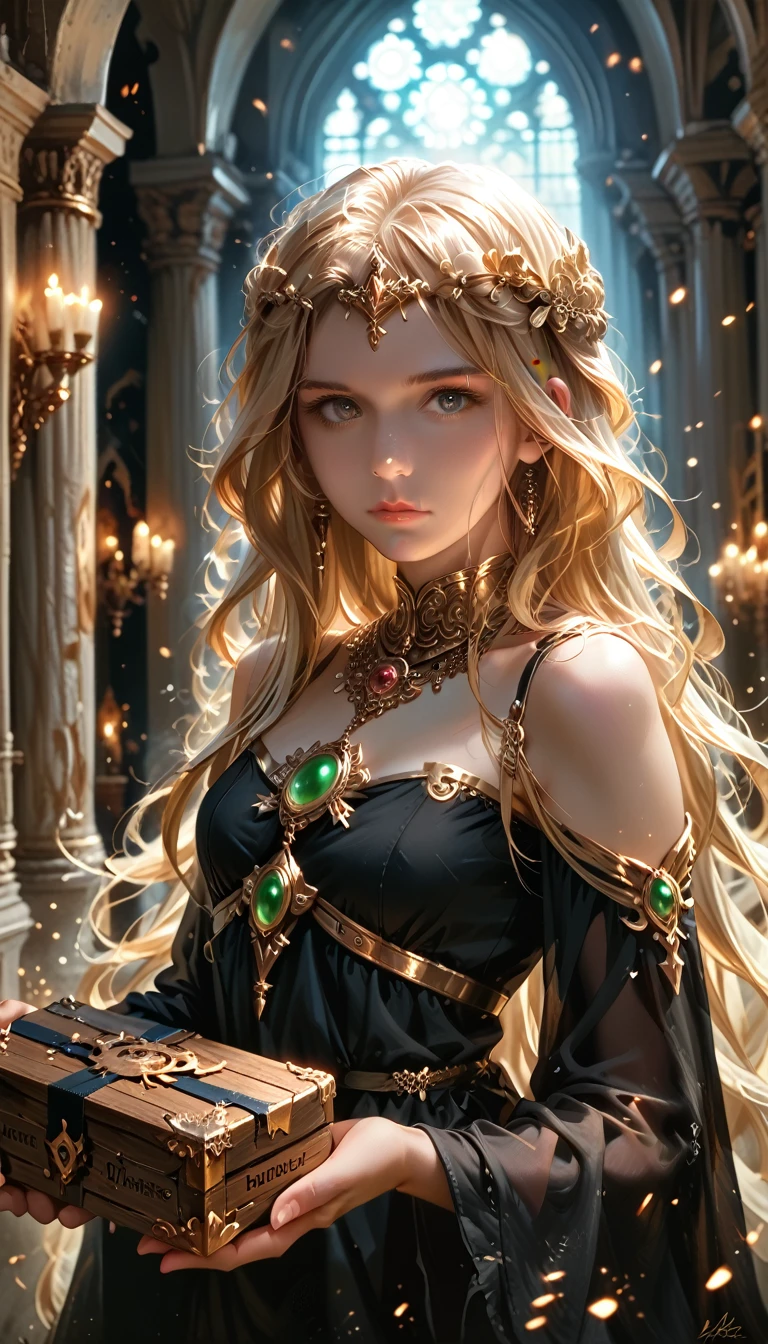 detailed portrait of a beautiful young woman, greek goddess pandora, long blonde hair, cute, holding a black wooden box, A box full of darkness, greek mythology, dark night, black dress, detailed facial features, palace corridor, night, darkness, realistic, box opens, photorealistic, ultra-detailed, 8k, best quality, masterpiece, dramatic lighting, warm color palette, intricate ornate jewelry, dramatic pose