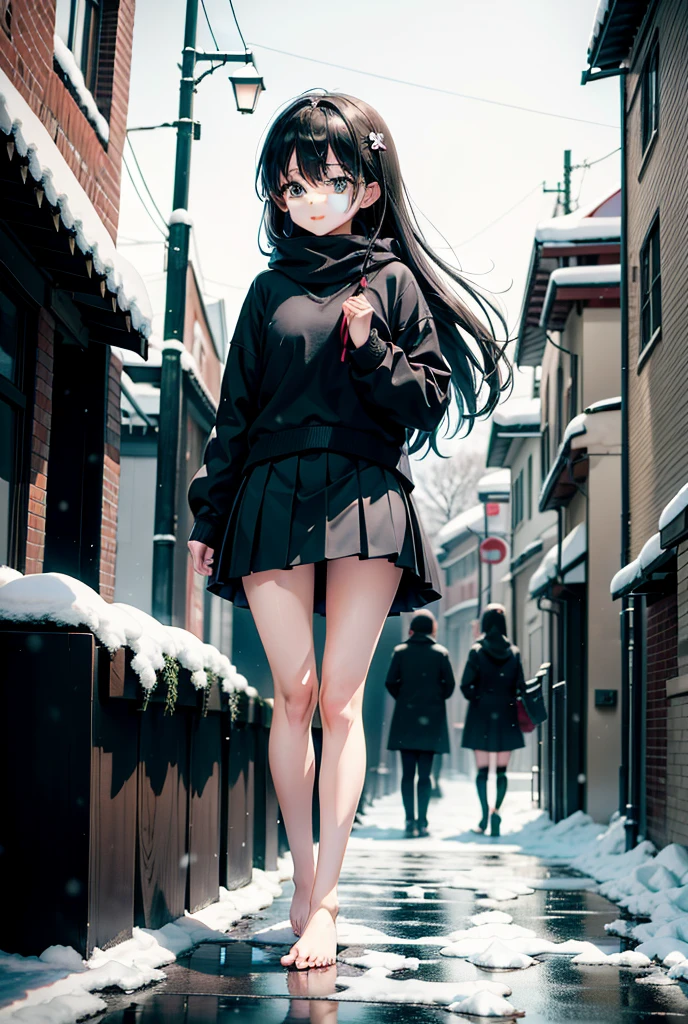 (masterpiece:1.2, best quality), 1girl, petite, young teen 12yo, slim, down jacket, open clothes, (white panties), naked breast, small breast, nipple, long hair, smile, walk the street, winter, snow, white, bright, watercolor