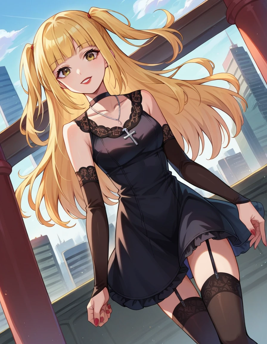 score_9, score_8_up, score_7_up, source_anime,
misaamane, misa amane, long hair, bangs, brown eyes, yellow hair, blunt bangs, two side up, red lips, lipstick, smile,
thighhighs, dress, jewelry, collarbone, boots, detached sleeves, choker, black thighhighs, necklace, black footwear, black dress, sleeveless dress, garter straps, black choker, short dress, floral print, cross, red nails, cross necklace,
outdoors, cityscape,
looking at viewer, dutch angle, cowboy shot