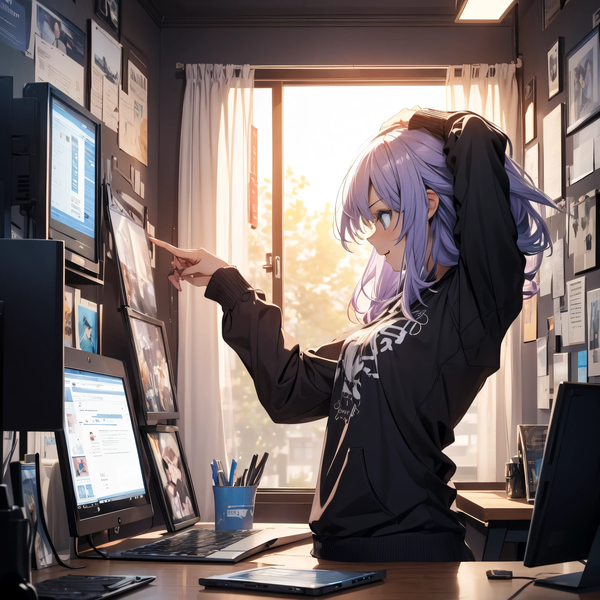 foreground, front side profile, urban clothes playing on the computer focused and having fun, is in a room illuminated by the sun , image that gives off tranquility , imagen realista