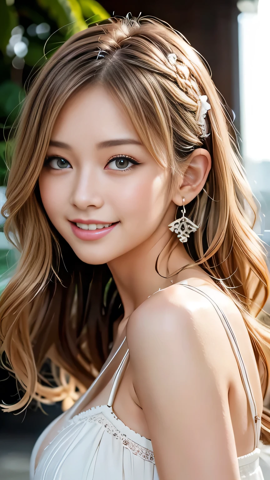 Highest quality、Highest quality、.Sexy Big 、Sexy cute looks and cute beautiful girl, beautiful and sexy face、Blonde long wavy hair、beautiful, Cute and sexy eyes 、one piece、smile