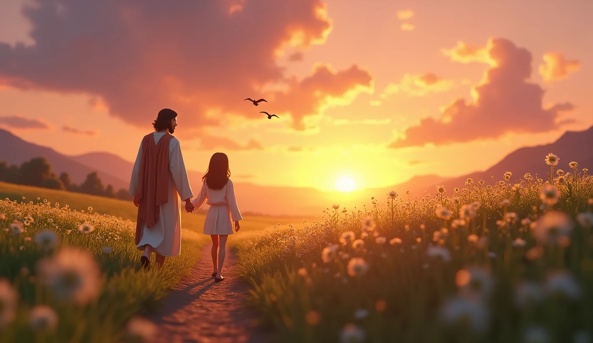 Creating Jesus from the Bible story with a white dress.
going , holding the hand of a  child, in pink dress .
Mountains environment in the background , with a waterfalls, with many birds like a sunny day.
disney pixar style 3d.