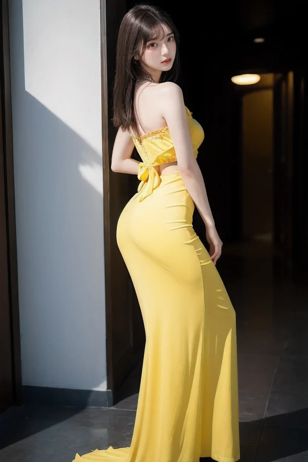(masterpiece, best quality, photorealistic, cinematic), 1girl, (medium shot, from behind:1.2), (Japanese-looking girl), head-to-toe visibility, perfect anatomy, sexy body, alluring, perfect eyes, brown eyes, perfect hands, (lips slightly parted), perfect hands, (bursting breasts, sideboobs, round ass), long round legs, (sleek black hair with bangs), (wearing a sexy yellow knee-high dress:1.3), (sensual pose), (1 leg forward)