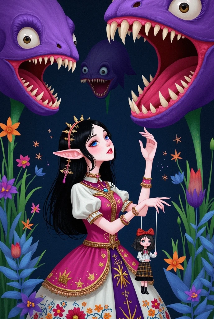 A elf girl with big eyes is wearing a roll's princess costume and playing with a marionette. With a a lot of dark purple gaping mouth of a man-eating flowers in the background, it creates a circus atmosphere.water color illustration, black-haired blue-eyed , strongly light-sensitive,in the style of WLOP