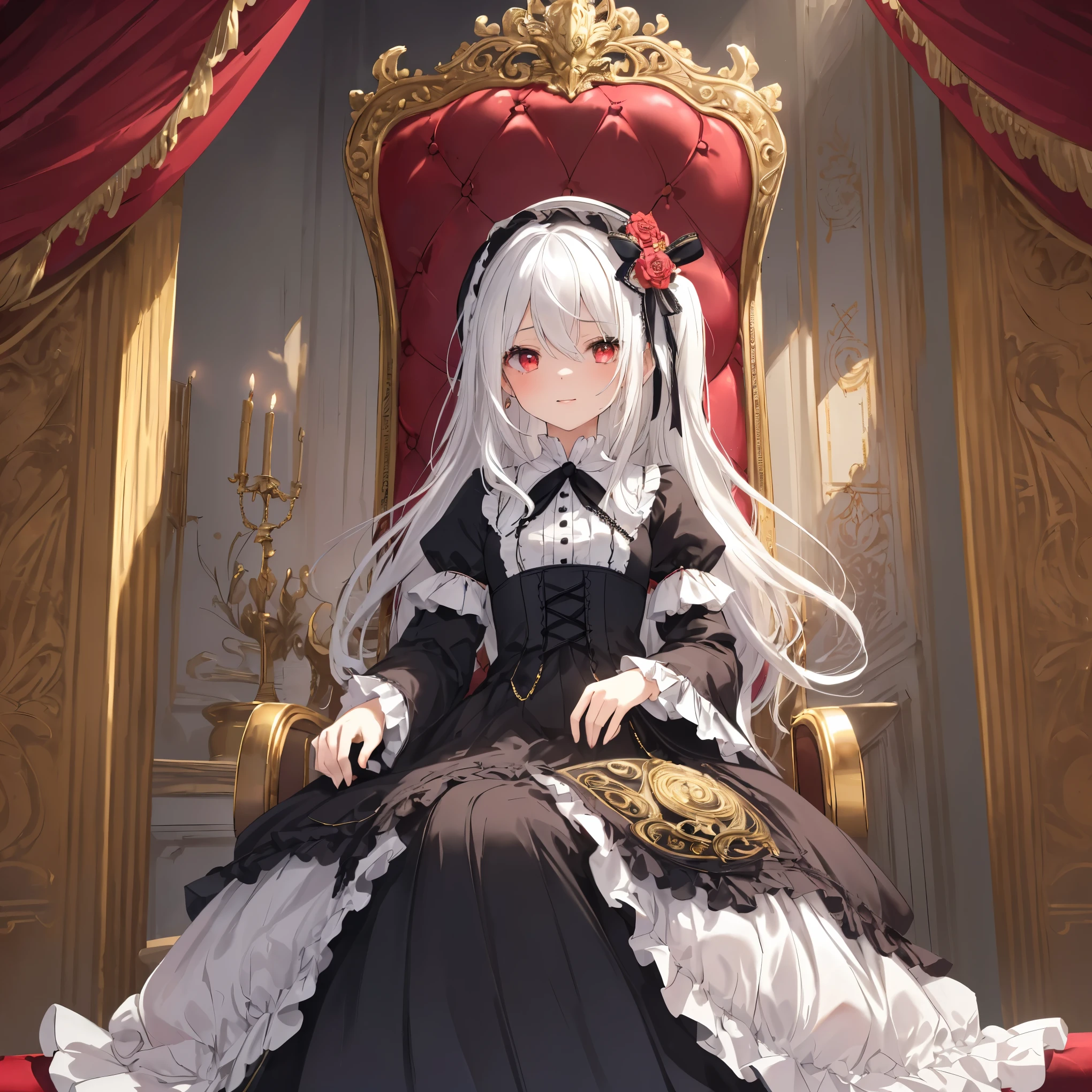    High image quality  , masterpiece,  Delicate hair  ,  DELICATE EYES FULL OF DECISION,  Delicate hair  , ((masterpiece, 最   High image quality  )),    High image quality  , masterpiece,  Delicate hair  ,  DELICATE EYES FULL OF DECISION,(Photo Original)， one girl playing pranks， ((  -yeld giwith white hair and red eyes  ,   gracefully sitting in an ornate chair  , gothic lolita dress, Small and delicate, Champion&#39;s Attitude,  intelligent gaze and gentle smile  , Intricate braided hairstyle ,  antique cross necklace ,  expandable rune baton nearby  )),   mystery novel on chess board and side table ,   bookshelf and whiteboard with intricate pictures in the background ,   ornate room with red and gold decorations  ,  Digital Art Style , Influenced by anime,   Details,  high quality   ,Ash,((Ink wAsh painting)),((ink splAshing)),((color splAshing))