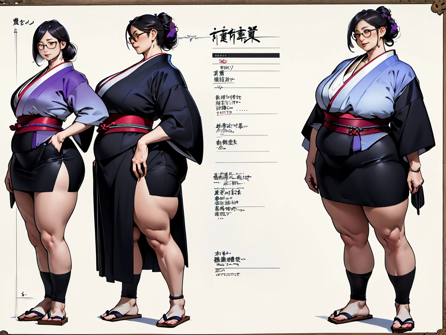 ((masterpiece, Best Quality)),  detail face  ,  character design sheet， full bodyesbian, Full of details, Frontal view, Behind Torso ,  Very Detailed, Depth, Many details, (( Character Concept Art )), (( character design sheet, Same person, Front, side))  Video Game Character Design,  Japanese Mature 50 Year Old Woman  , Black Hair, blouse, Knee-length skirt,  yellow race, Voluptuous, Glasses、 purple lingerie 、Realistic clothing in modern Japan、WeightObese,