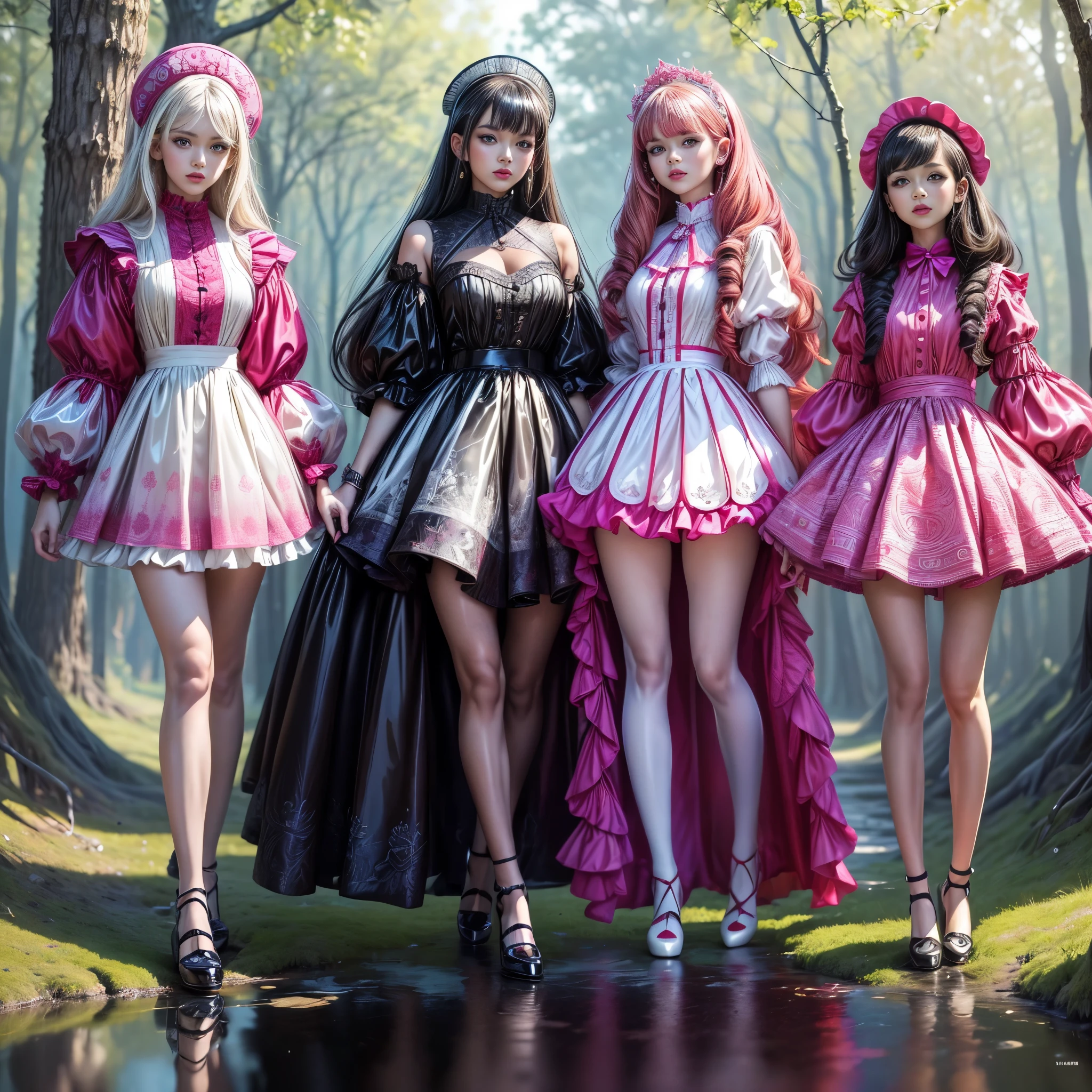 ((full body shot):1.5), a group of women, in elegant Classic Lolita Princess mini Dress,( minidress:1.1), ((Standing and posing by a forest lake)), Bimbo, ((JK Female Student style):1.3), (Muticolored:1.4), (Wear dresses of different colors:1.2),Mary Jane shoes , ornate and luxurious patterns and accessories, fashionable attire,( wearing colorfulpantyhose with Full of patterns), highly detailed full body shot, posed gracefully, stand in a row, Wear a Headwear, (mixed monochrome:1.1), (GLOSSY refection collection:1.3),loraavril , hyper realistic, 8k, dramatic lighting, cinematic, fashion editorial, vogue magazine cover, rich color palette, elegant, glamorous，