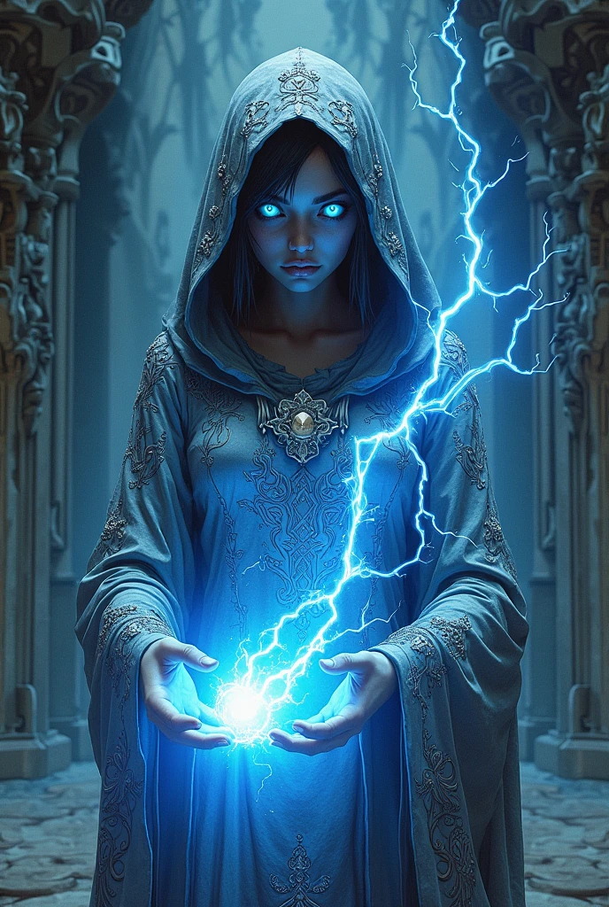 An art nouveau style watercolor image of a slender sorceress. Dark skin. White glowing eyes. Tattered outfit. Casting a blue lightning magic spell with her hands. Looking directly at the viewer. Moebius style. Druillet style. Enki Bilal. Mesmerizing look. Dark Ornamental dungeon background.