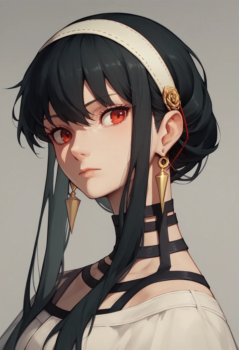 yor briar, black hair, red eyes, earrings, white hairband, hairband, long hair, sidelocks,
