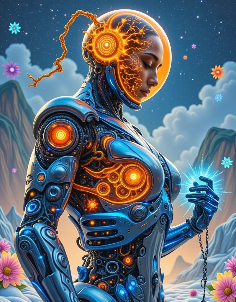  Future biomechanical figures， Half Man Half Machine ， Torso and head are organic，Limb machinery， Hot orange gears can be seen through the translucent skin， Royal blue circuit patterns on metal parts， Intricate details of organic and mechanical elements， Dramatic lighting emphasizes texture and color contrast。 Rich details throughout，Clear focus， Background is neo-Chinese style，水墨Blooming，Double Exposure， Embody wilderness and natural environment， The theme of the inner desire to integrate into nature， Ice and snow in the core of the Northeast natural scenery， Heavy ink and color tones， Ink painting with freehand brushwork，Blooming，Minimalism，Zen，Chen Jia Leng style， Ultra HD