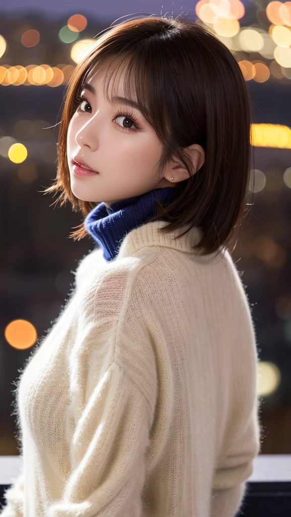 1girl in,(White turtleneck sweater:1.4),(Raw photo, Best Quality), (Realistic, Photorealsitic:1.4), masutepiece, extremely delicate and beautiful, Extremely detailed, 8k wallpaper, amazing, finely detail, extremely detailed CG Unity, hight resolution, Soft light, Beautiful detailed 19 year old girl, extremely detailed eye and face, beautiful detailed nose, Beautiful detailed eyes,Cinematic lighting,city light at night,Perfect Anatomy,Slender body,Smiling  (hair messy, asymmetrical bangs, light brown hair,)
