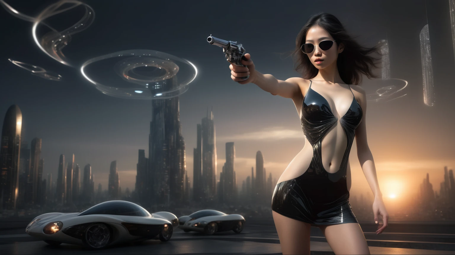 A futuristic alien cityscapes, flying vehicles. At night, 1 technologically advanced, organic-realism-infused humanoid female robot, solo, photo realistic, medium-breast:1.3 slim body, cleavage, sling top, miniskirt, (matrix style black sunglasses, holding a short gun), half-body thigh level medium shot, cinematic lighting, ray tracing.