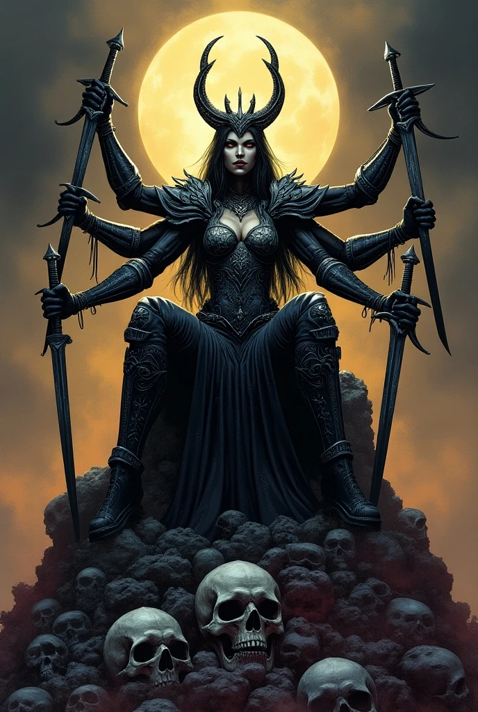 In the art style blending the dynamic realism of Boris Vallejo and the dark sensuality of Luis Royo: a stunning woman with thin long dresses an impeccably sculpted figure is depicted in an intense close-up. She gracefully perches on the lap of Lucifer, who is clad in menacing steel armor adorned with spikes. His throne is a twisted creation made from jagged swords, sharp peaks, and bleached bones interwoven with skulls. The scene is set in a forbidding, rocky landscape where a river of molten lava snakes through, casting an eerie glow. Above, the sky churns with ominous dark clouds, adding to the masterpiece's brooding atmosphere. Every detail is meticulously rendered, creating a hauntingly beautiful vision.