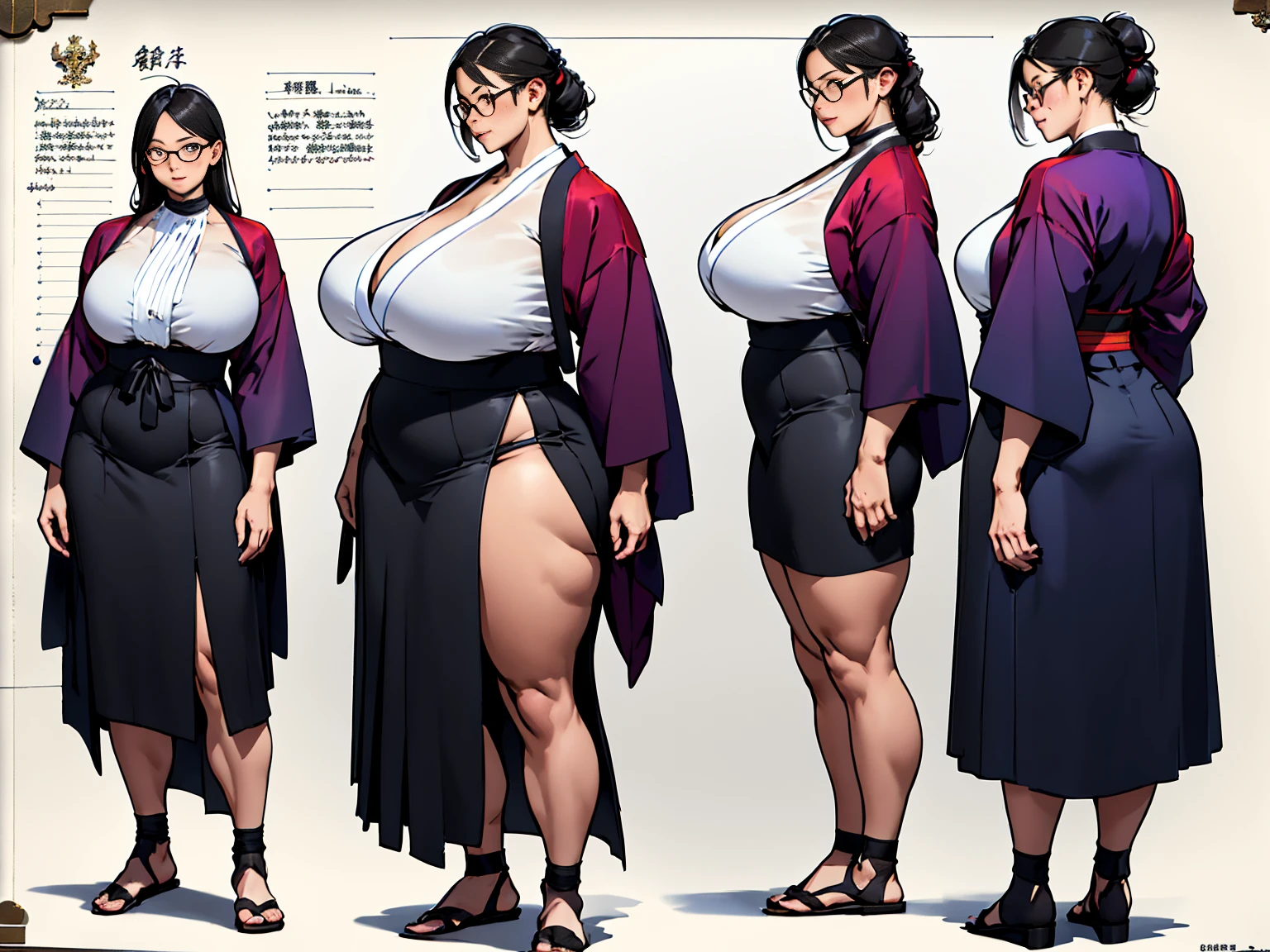 ((masterpiece, Best Quality)),  detail face  ,  character design sheet， full bodyesbian, Full of details, Frontal view, Behind Torso ,  Very Detailed, Depth, Many details, (( Character Concept Art )), (( character design sheet, Same person, Front, side))  Video Game Character Design,  Japanese Mature 50 Year Old Woman  , Black Hair, blouse, Knee-length skirt,Modern clothing、  yellow race, Voluptuous, Glasses、 purple lingerie 、WeightObese,