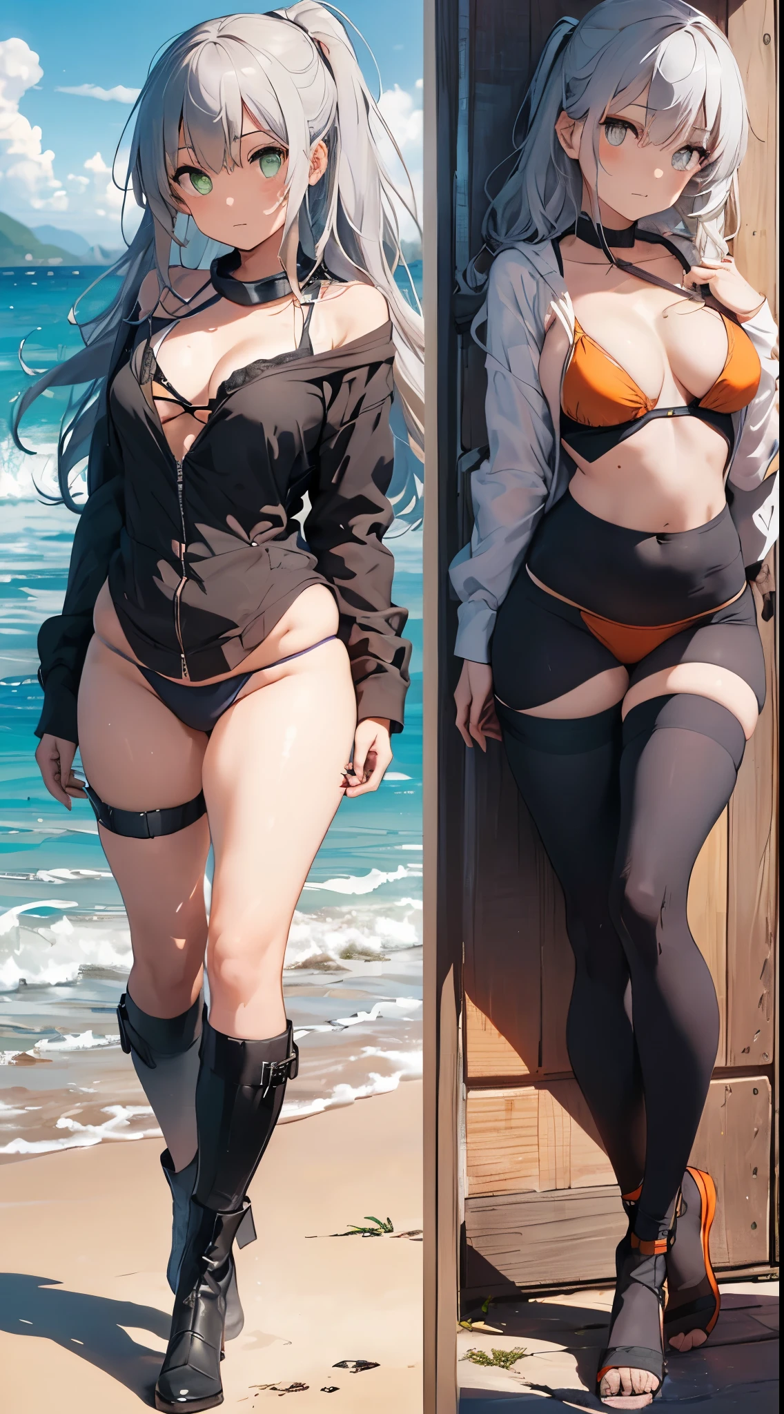 full body standing straight symmetrical looking to the viewer woman wearing a yellow tiger bikini, black choker with golden cow bell attached it, white background