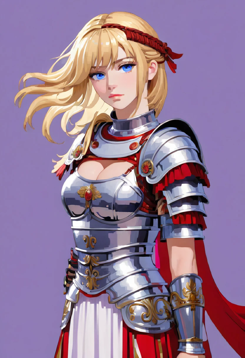 woman, DisembodiedHead, holding head, headless, female roman armor, blonde hair, blue eyes, holding sword, holding roman short sword, silver and red female roman armor, holding a sword, holding head in a hand, holding sword in a hand, roman sandals, wearing roman sandals, blank background, solid color background, large breast, giga_busty, purple flames coming from neck, roman armor, detached head, headless, 