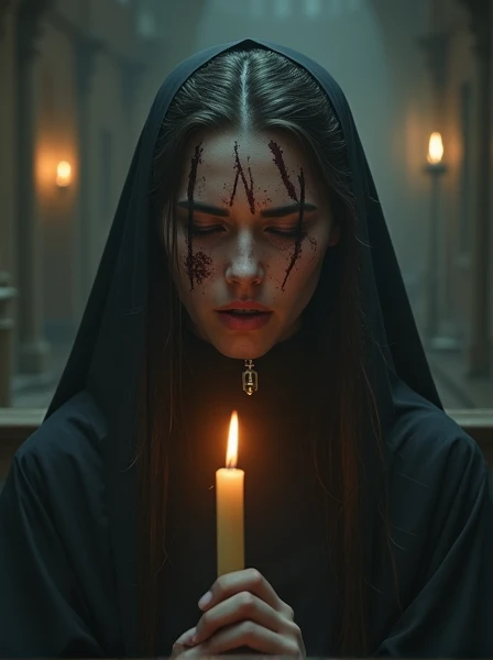nun, perfect face, smooth skin, blonde long hair, cleavage, cinematic lighting, only candles, seductive, slutty look, black choker, perfect ???????, focus, detailed, high definition, close up, squinted eyes