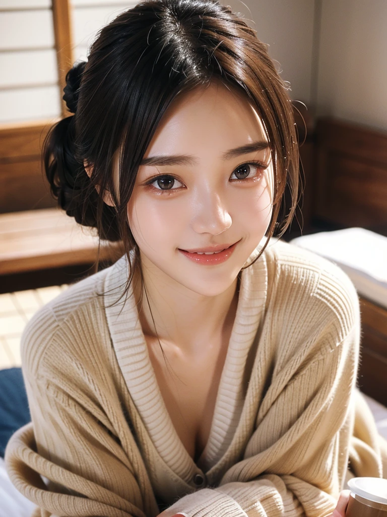 full body, (best quality), masterpiece, (photo realistic:1.5), 8k quality, 1 beautiful woman, well-shaped face, symmetrical Face, normal eyes, biologically correct human, japanese woman, (scrawny : 1.3), (small breasts:1.2), dark brown hair, hair bun, brown eyes, front, detailed face, beautiful eyes, looking at viewer, laugh, white yukata, sit on a futon in a Japanese-style room,Clothes get messy, Clothes get messy