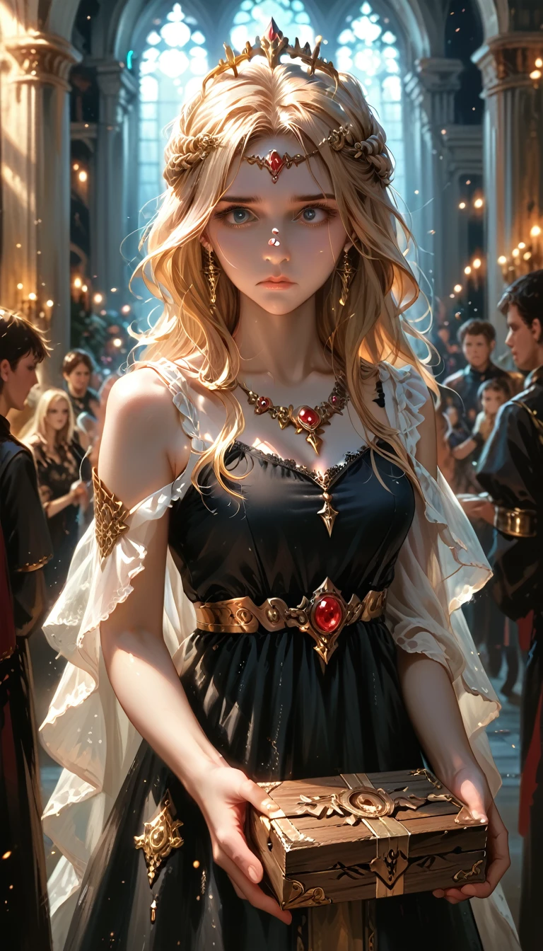 detailed portrait of a beautiful young woman, greek goddess pandora, long blonde hair, cute, anxious look, holding a black wooden box, A box full of darkness, how to close the box lid, greek mythology, dark night, black dress, detailed facial features, palace corridor, night, darkness, realistic, box opens, photorealistic, ultra-detailed, 8k, best quality, masterpiece, dramatic lighting, warm color palette, intricate ornate jewelry, dramatic pose