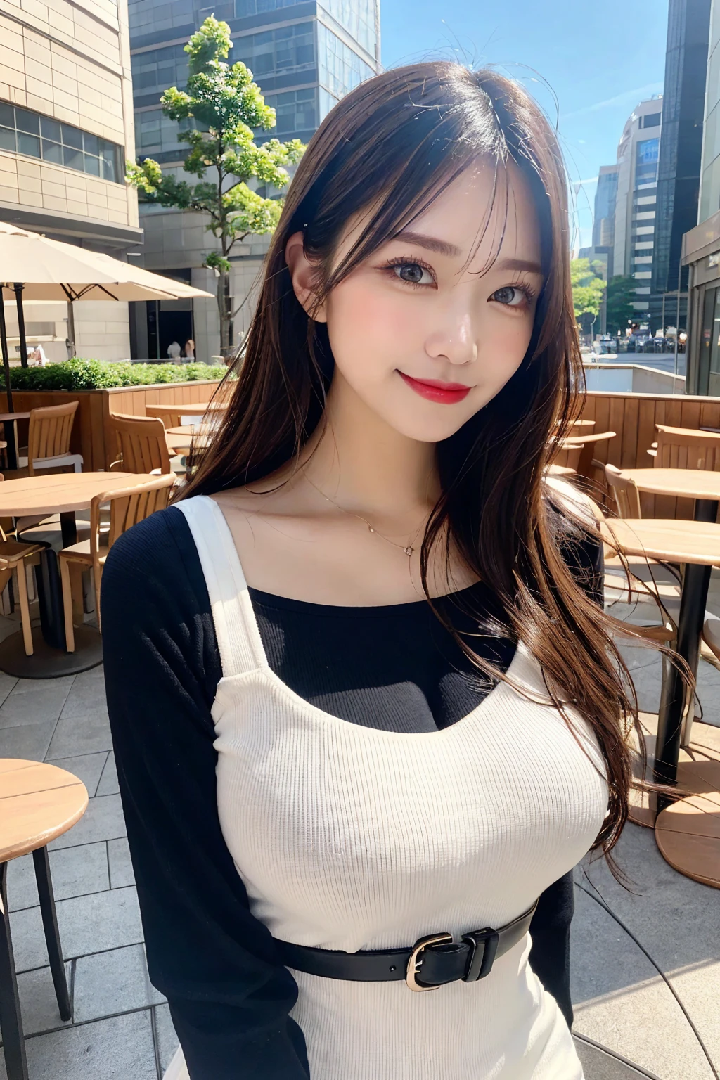 (bewitching smile:2.0、black long sleeve tight knit:1.5,sunlight:1.3、Clear skies:1.3、ring、embarrassed、coquettish、Tempting sensuality、glamorous,Big Breastsm,boobs cleavage), table top, Best Quality, shape, very detailed, finely, high definition, 8k wallpaper, Detailed and beautiful eyes, straight hair , Random Sexy Poses , natural colored lips、outdoor cafe ,coffee、Tokyo skyscrapers,Big Eyes,belt