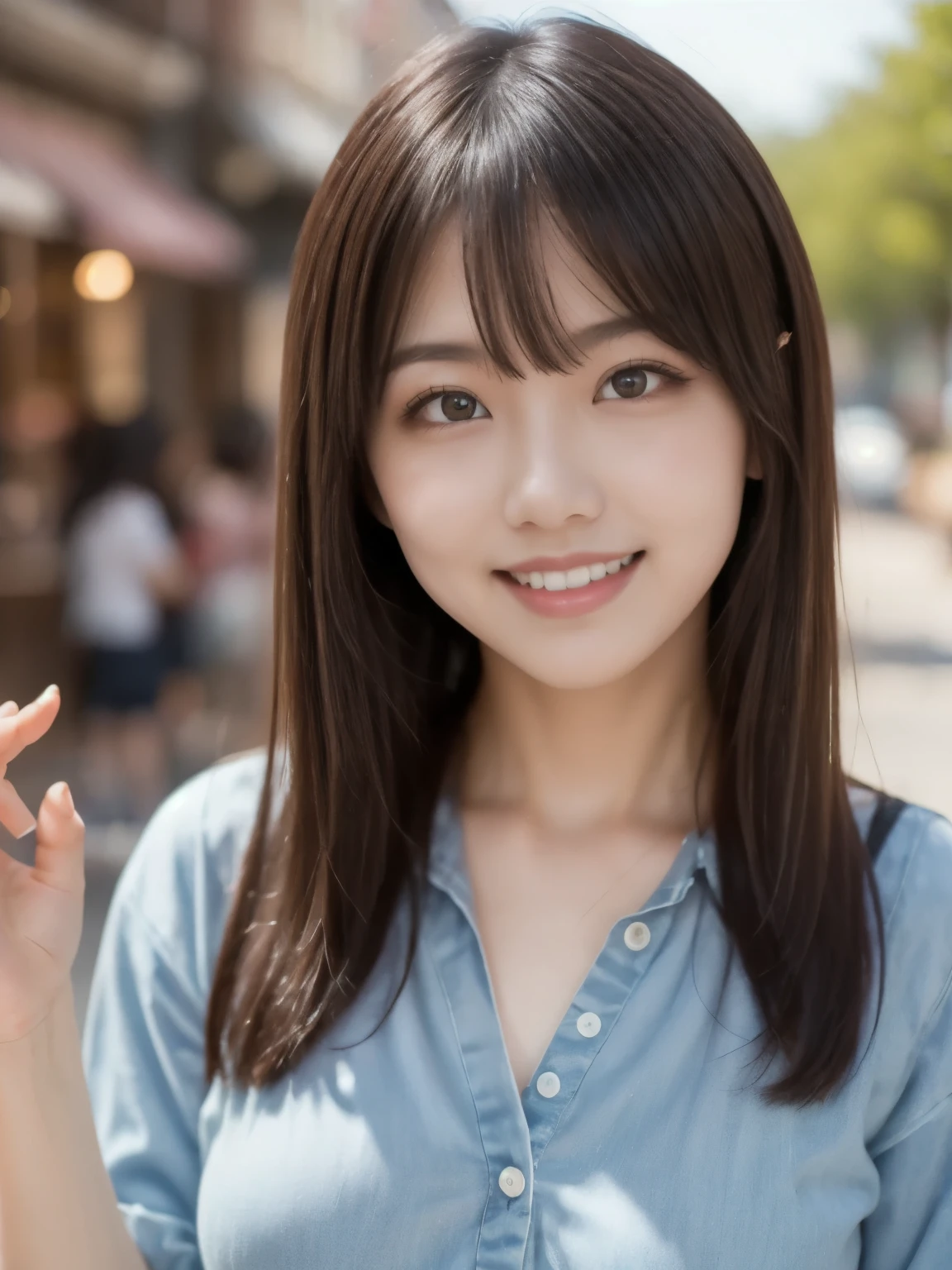 8k、Best Quality、Ultra Wide Angle Monofocal Lens  、(Representative Works:1.2)、( Genuine)、( Genuine:1.37)、  one high school girl、 shake hands with a big smile on your face、 Beautiful teeth arrangement 、Well-formed fingers、Around town、(  cute simple clothes )、Big Breasts、  perfect body  、 gravure photo shoot 、Perfect means、Beautiful Skin、Professional Lighting、Face and skin detail 、Microparticles、  RAW photos from the last century