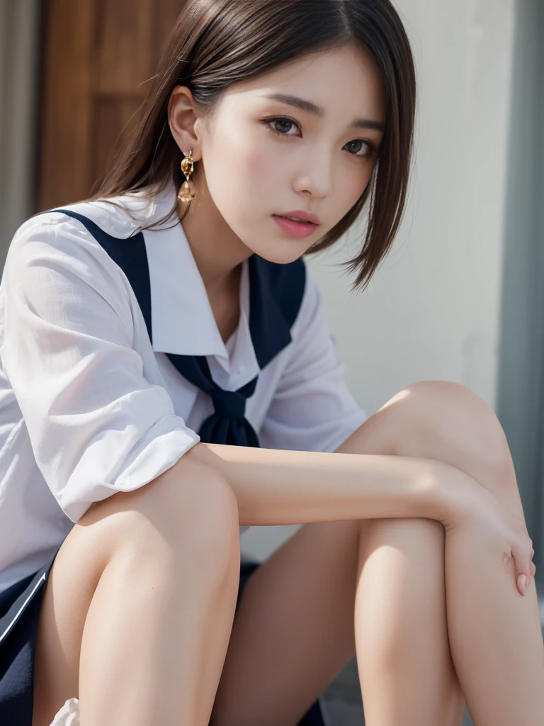 Raw photo, highest quality, masterpiece:1.2), highest quality, figure, Very detailed, Fine details, High resolution, wallpaper, Perfect dynamic composition, (Detailed high quality, Realistic depiction of eyes:1.3)、A woman who has been and has her hands tied、Arms wrapped around his back、hands tie behind back、Fingers five pieces、Has two arms、Inside a beautiful hotel room at night、Crouching pose、Bent knee squats、Squat down with your legs spread apart、Squatting while showing your crotch、Sitting on the floor with knees up、Outside the window is a night view、 With legs wide open、(The bra is white、Panties are white、Panty shot)、Short Sleeve Blouse、Wearing a long skirt、whole body、The whole thing faces forward、17 years old、High school girls、Wearing loafers、Wearing knee-high socks、Beauty、Well-formed face、Make your eyes even、Beautiful black hair、Has bangedium build、Well-balanced proportions、Beautiful legs、Fresh face、Beautiful scenery、, Surrealism, cinematic lighting, first-person view, f/1.2, Nikon, cowboy shot, 8k, masterpiece, 8k, UHD, award winning, best quality, highres