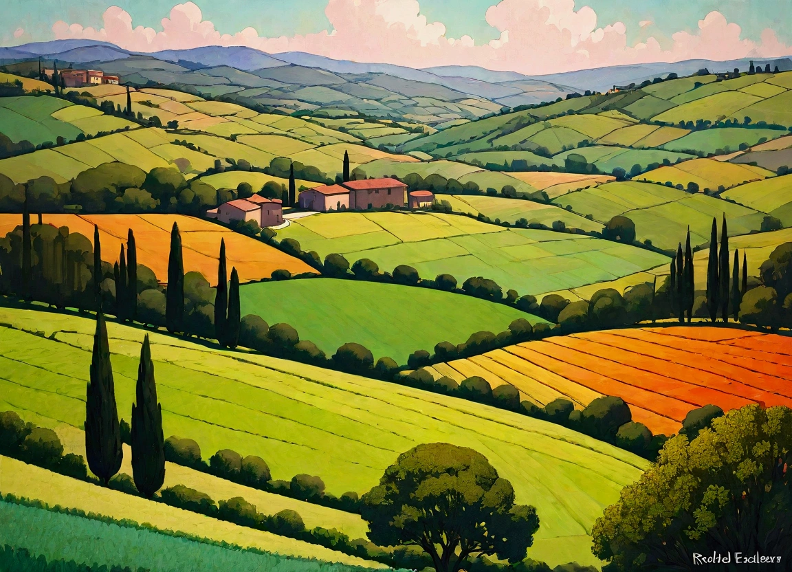 a painting of a colorful landscape with hills and trees, a pointillism painting by Rodolfo Escalera, instagram, naive art, landscape art, color field painting, detailed landscape, felucia landscape, colorful landscape painting, fields, farm land, detailed fields nature, tuscany hills, ariel view, landscape view, patchwork, patches of green fields, painted landscape