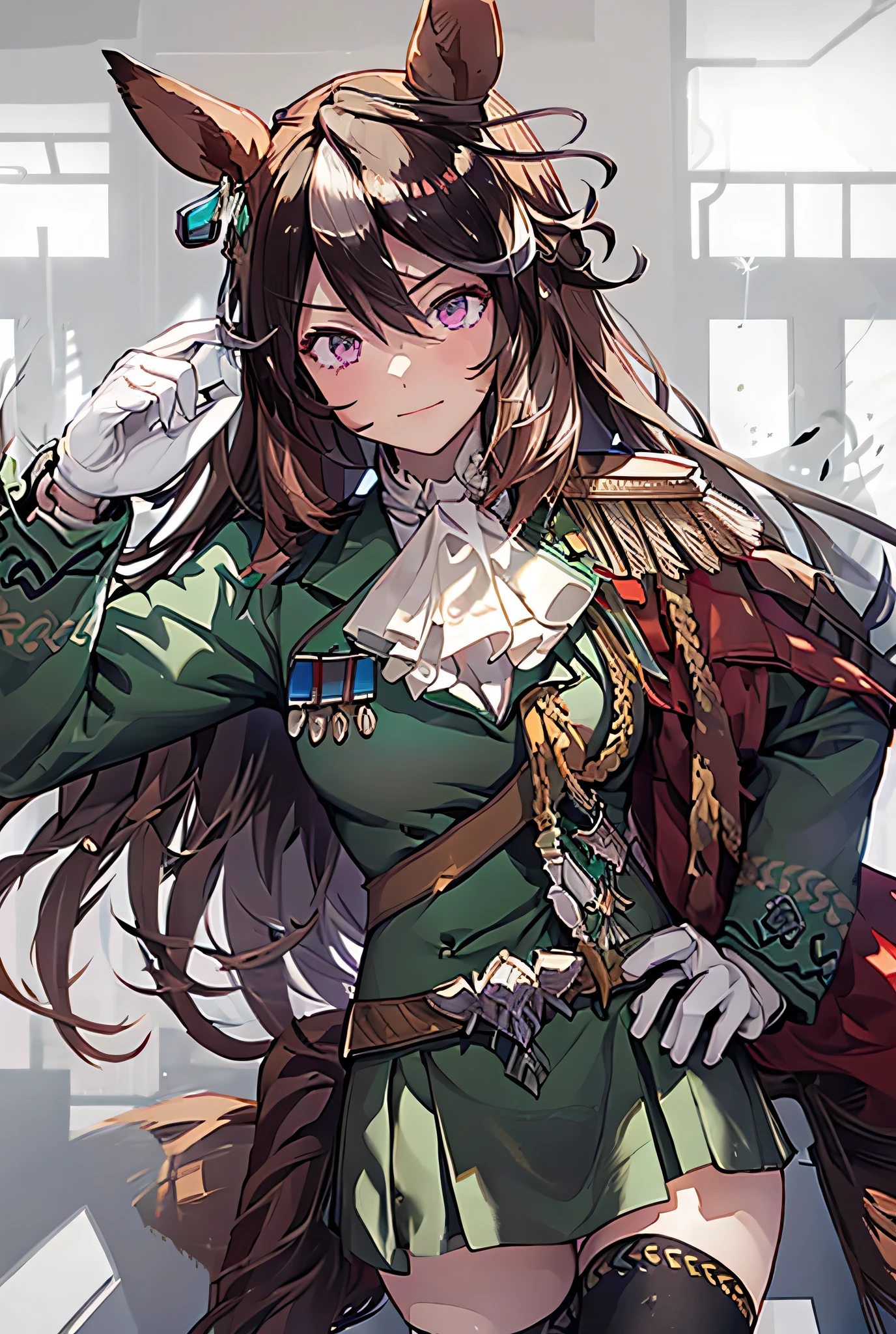 1 girl, Horse ears, glitter effect, Character portrait, high detail, symboli rudolf,horse tail, full body,