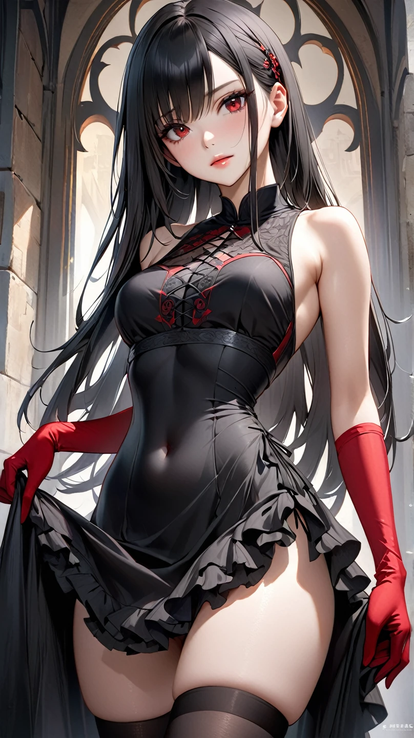 ((highest quality)), ((masterpiece)), (Get used to it), Perfect Face , beautiful girl , Medium breast , Long and beautiful black wavy hair with red highlights , Beautiful red eyes , 