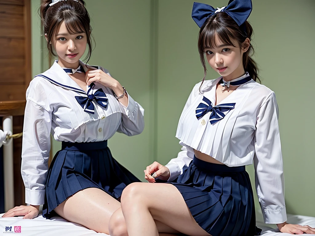 2 girls in school classroom,long-sleeved white sailor shirt with pink bow tie,pale pink and white horizontal stripes thong,18-year-old,bangs,a little smile,thighs,knees,short cut hair,low ponytail,from below,front-lighting