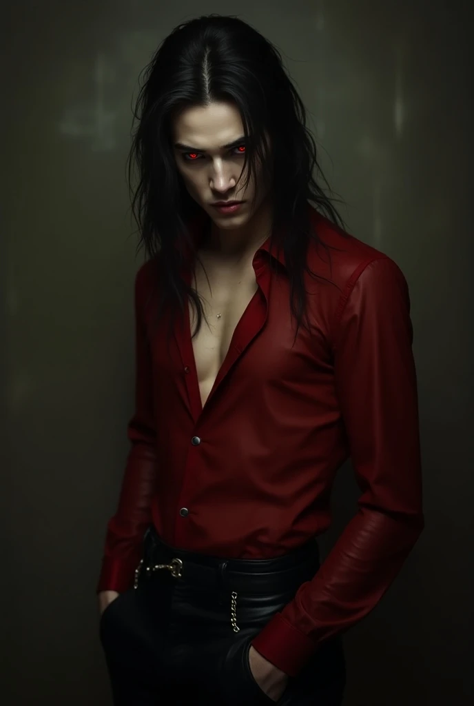 
((Best quality)), ((masterpiece)), 8k (detailed), ((perfect face)) ((fullbody)), perfect proportions, He is a gorgeous devil, his facial features delicate and perfect. He has black long hair and teal-blue eyes. Wearing black shiny leather jeans and a black trench coat. He has long eyelashes, his skin is white and pale. (No facial or body hair) He is sexy. He has gothic makeup. He is 19 years old. The overall look is very erotic.