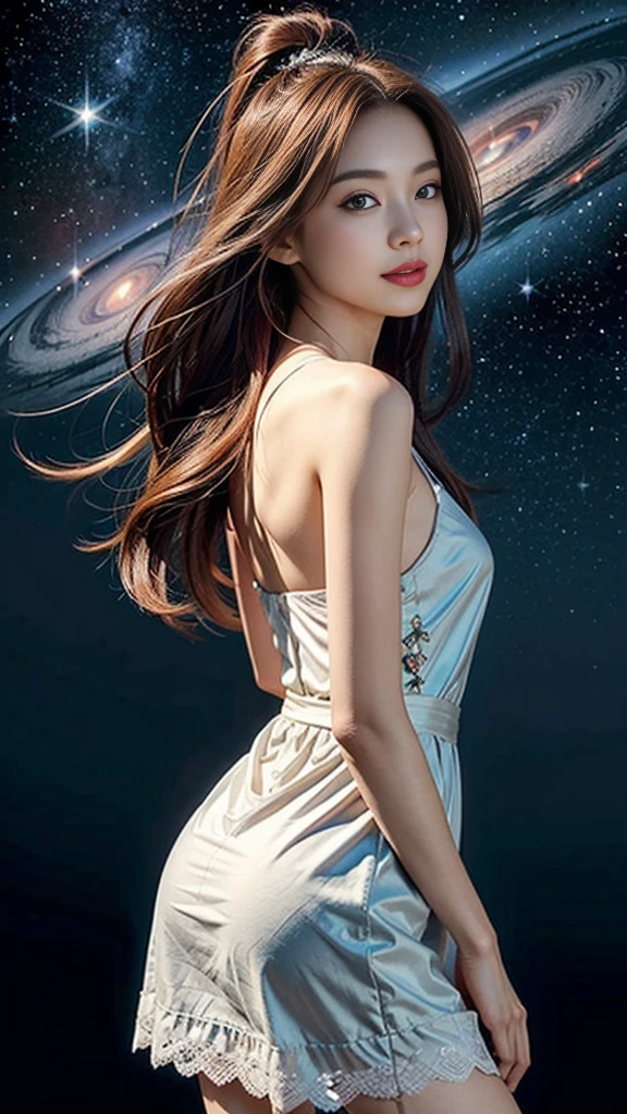 (best quality,32K,8k,highres,masterpiece:1.2),ultra-detailed,realistic:1.37,girl,beautiful dress,galaxy background,sparkling stars,ethereal atmosphere,vibrant colors,elegance,mystical,heavenly,moonlight,reflection,flowing fabric,graceful pose,gentle expression,cosmic energy,distant galaxies,dazzling beauty,Serene,stellar glow,heavenly emissary,alluring,hovering,stellar dust,enchanted garden,starlit night,sheer elegance,astral silhouette,seamless blend,gossamer veil,Interstellar Journey,effortless beauty,luminous radiance,floating petals,heavenly goddess,dreamlike grace,fashion statement,cosmic enchantress,long flowing hair,(((Flat Chest))),(Tiny),