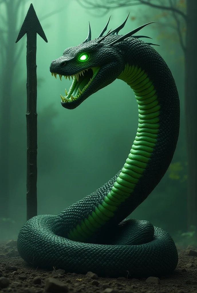 (ultra detailed), A long, smooth snake body, wrapped in poison mist. Its entire body is covered in green mist, and every time it moves it scatters poison mist. Its eyes are a poisonous purple, and it can poison anyone with just a look. Its fangs drip deadly venom, and anyone who is bitten is instantly poisoned.