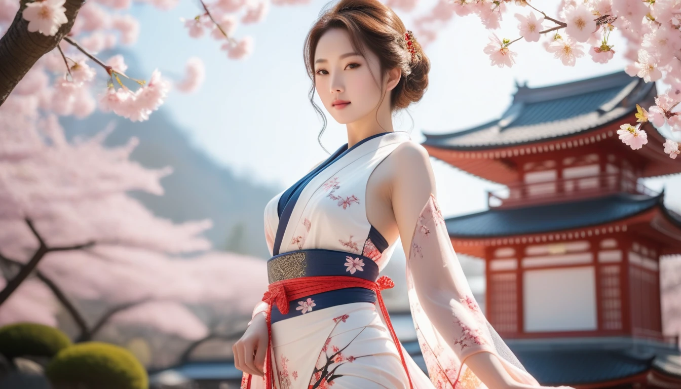 "AI girl model in a traditional Japanese kimono, posing under cherry blossoms in a peaceful Japanese garden, with a pagoda in the background." detailed jewellery, age, detailed face, detailed body, symmetric face, cute, iconic, photorealistic, big breasts, big belly, belly piercing, soft body, white skin, masterpiece, 8k, ultra realistic, detailed background, god rays, ambient occlusion. ((masterpiece, highest quality, Highest image quality, High resolution, photorealistic, Raw photo, Extremely detailed CG unified 8k wallpaper)), (huge stunning goddess shot, very hot and sexy, jaw-dropping beauty, perfect proportions, beautiful body, body beauty:1.4),