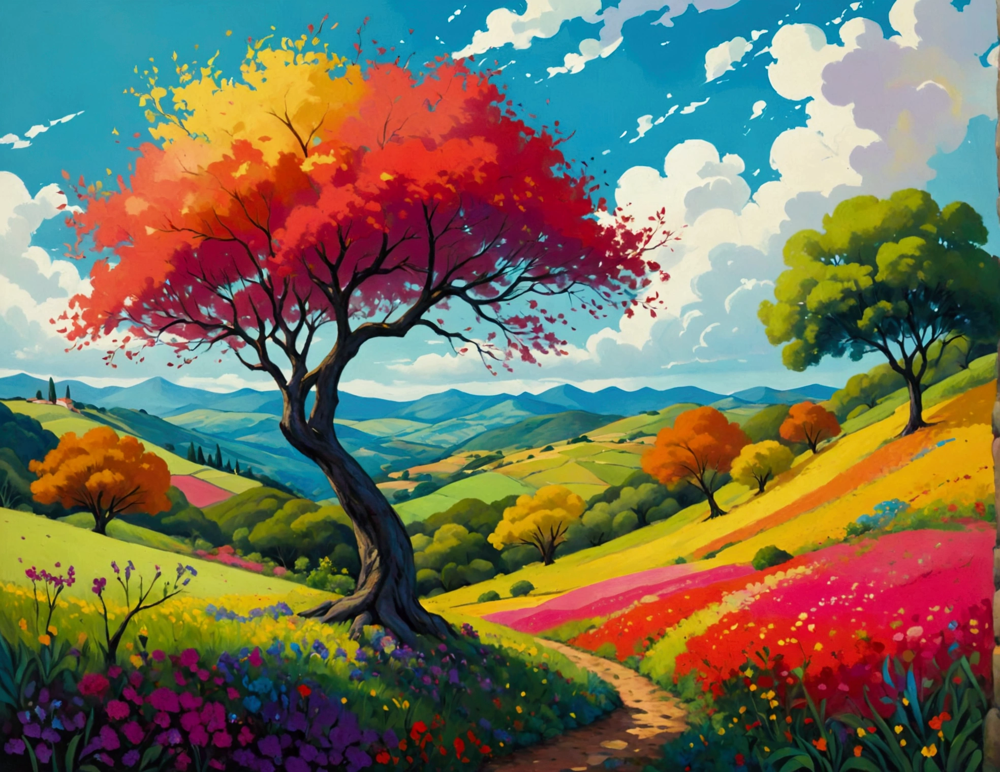 a painting of a colorful landscape with hills and trees, naive art, by Rodolfo Escalera, by Bernard Accama, landscape art, color field painting, by Jenaro de Urrutia Olaran, detailed landscape, felucia landscape, colorful landscape painting, by Eduardo Lefebvre Scovell, fields