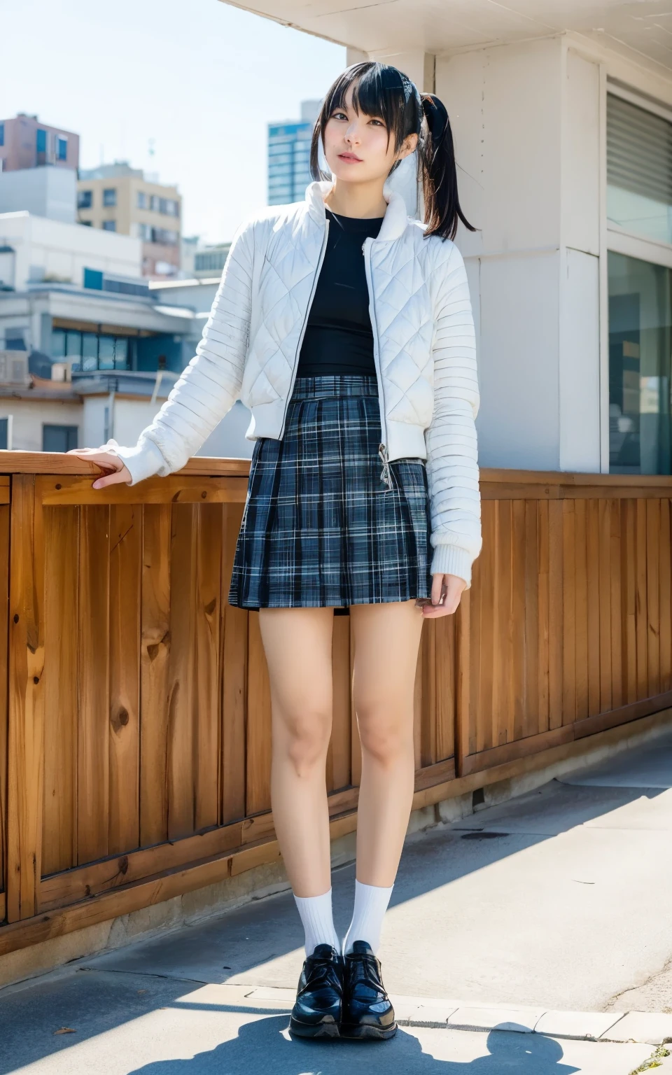 standing, small face, raw photo, white skin, full body, ((top quality, 8k, muste piece: 1.3)), beauty, one japanese girl,, whole body, perfect anatomy, outstanding light and shadow, Highly detailed living room,clear and bright sunlight,1 girl,lightly dressed、gaze looking beyond,black side,strong sunlight,delicate and messy hair,realistic skin texture, Are standing, black hair, Blunt Bangs, Lower ponytail, 20 years old, face focus, detailed face, highly detailed lips, fine eyes, sweaty skin: 1.2, in the city, winter clothes, white sweater, long skirt, (mini maxi-skirt, quilted black jacket,),