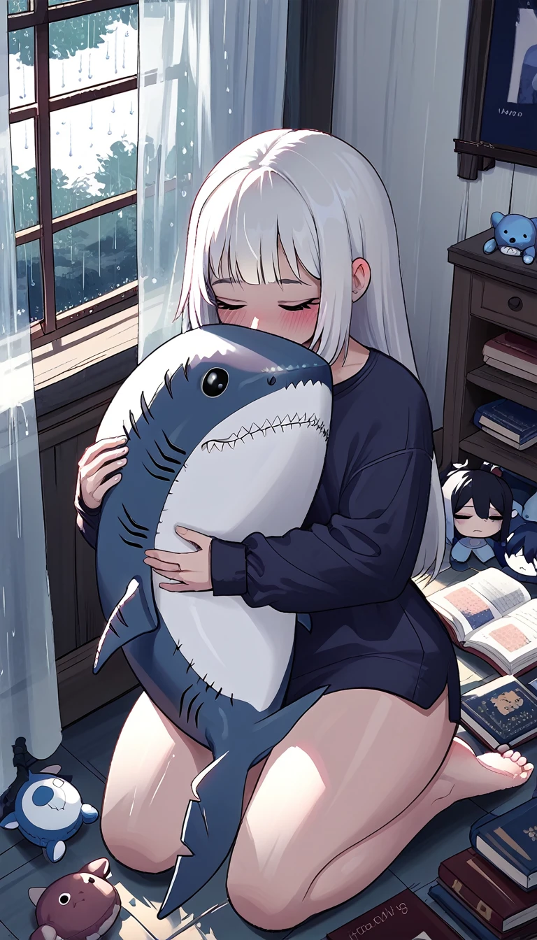 score_9,score_8_above,score_7_above,
Luzes LowKey_v2, 1 ,Alone, long white hair,  thick thighs , ,Blush,fringe, black hair ,long sleeves,sitting,eyes closed,bare feet, inside the house ,book,window,Kneeling, plush toy, stuffed animal,curtains,rain,hug object ,shark,stuffed shark
 