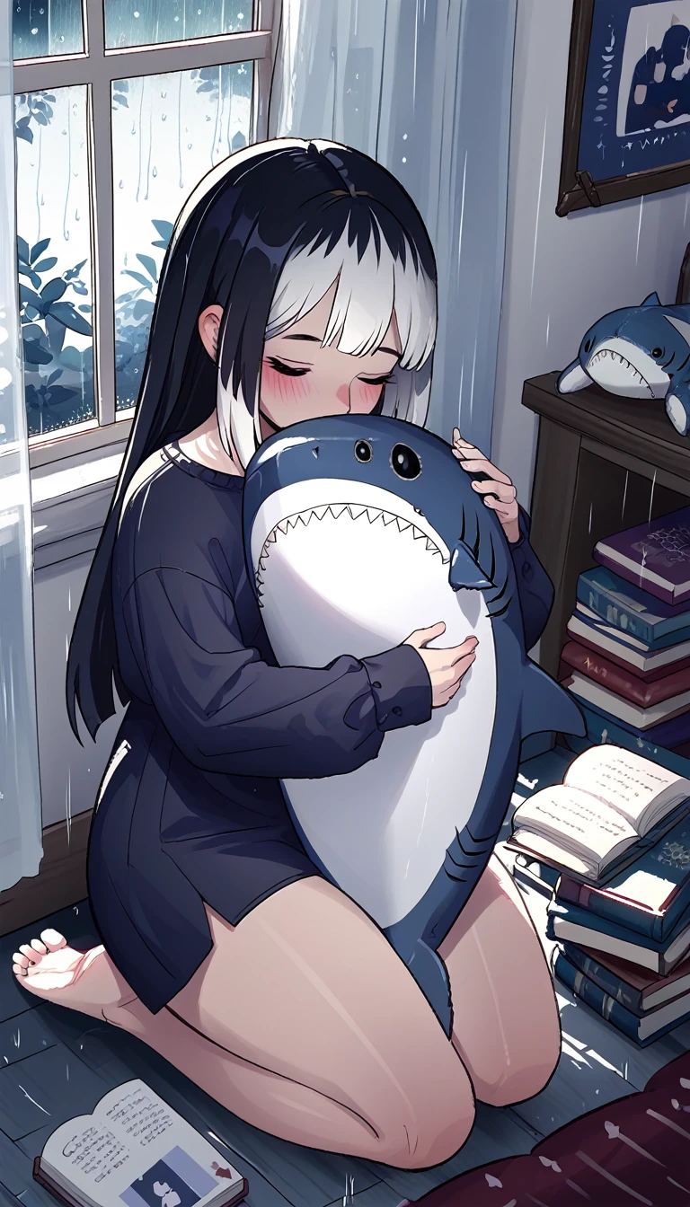 score_9,score_8_above,score_7_above,
Luzes LowKey_v2, 1 ,Alone, long white hair,  thick thighs , ,Blush,fringe, black hair ,long sleeves,sitting,eyes closed,bare feet, inside the house ,book,window,Kneeling, plush toy, stuffed animal,curtains,rain,hug object ,shark,stuffed shark
 