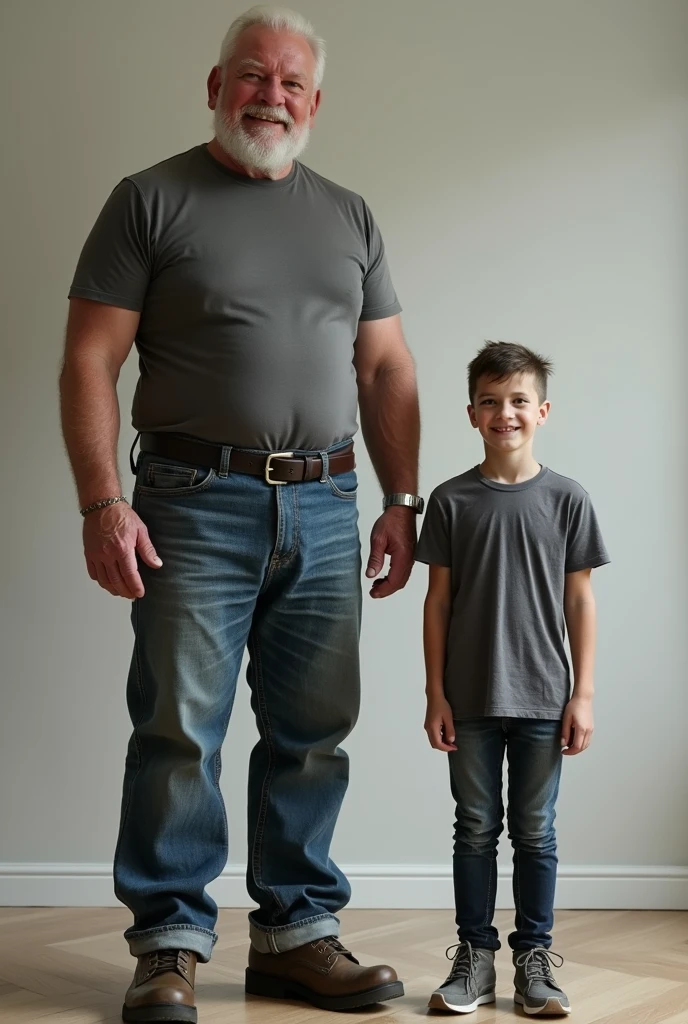A tall young giant stands next to a very short muscular man.