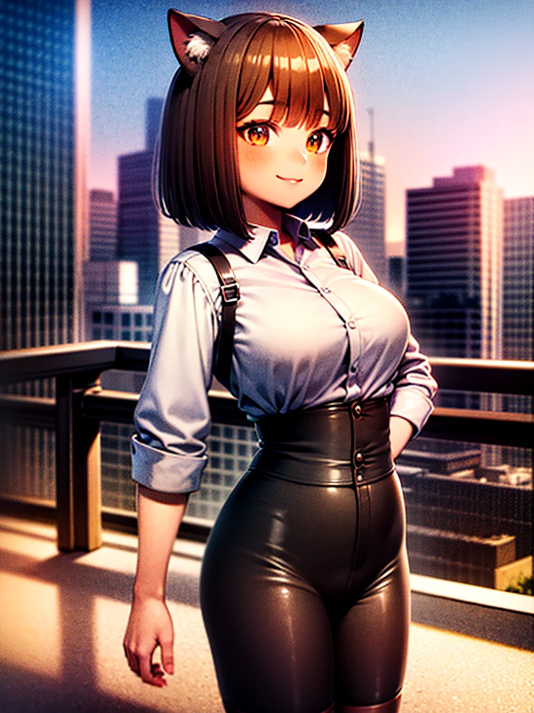 Work clothes,Outdoor,City, Knee High Stockings , 1 girl,whole body,up,front,  high resolution on down,  anatomically correct, Best Quality,  high definition model,  very detailed,  Ultra High Definition,  Textured Skin,  colorful eyes, Brown Hair Short Bob,Cat ears,smile, 