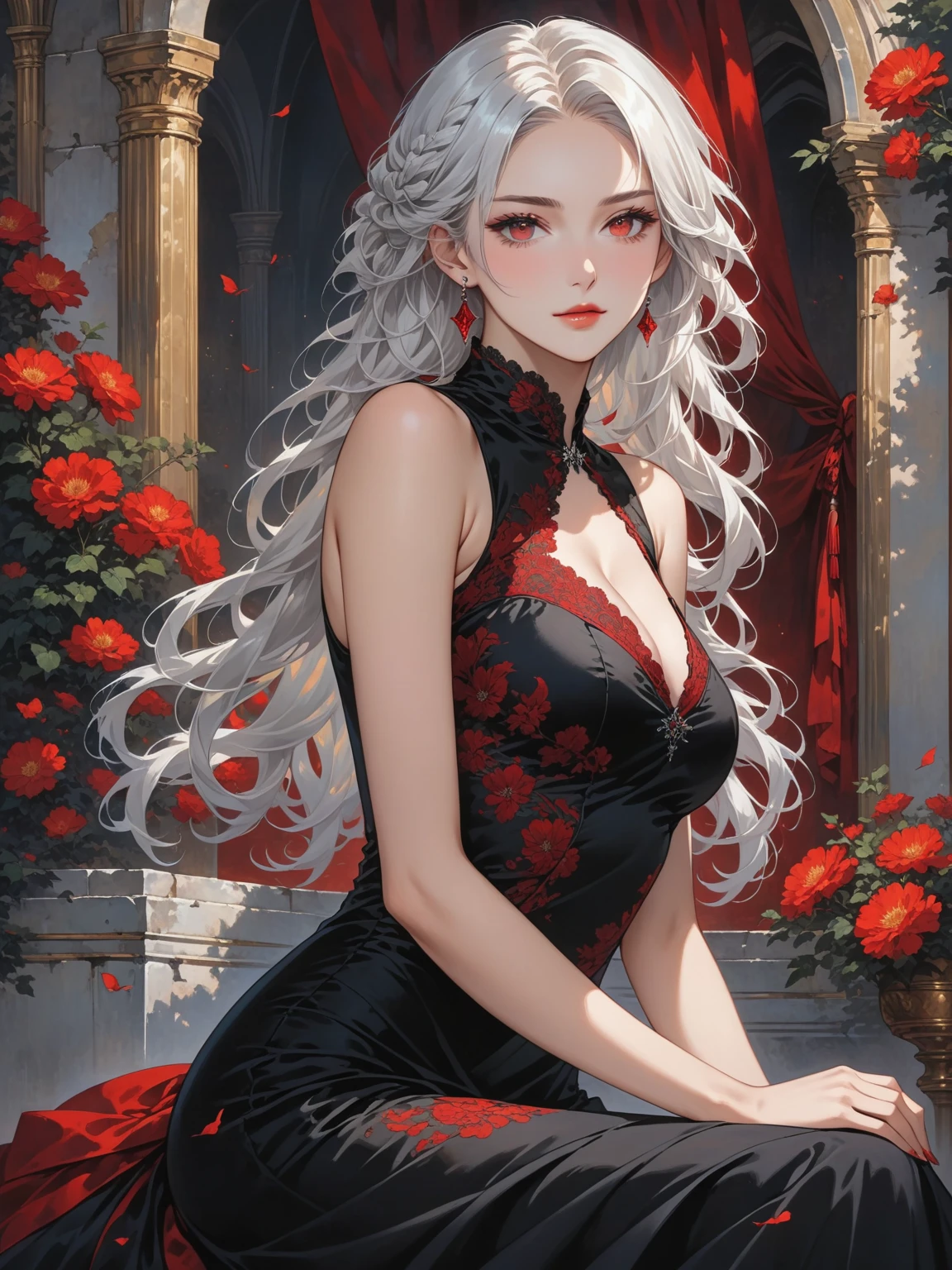 a close up of a woman in a red dress with roses, extravagant dress, 8k highly detailed ❤🔥 🔥 💀 🤖 🚀, dressed beautiful gown, wearing a wonderful dress, red dress, detailed dress and face, all red, beautiful gown, gown, elegant red dress, red, wearing a wonderful dress, exquisite digital illustration,The most beautiful woman in the world、white hair、white eyes、