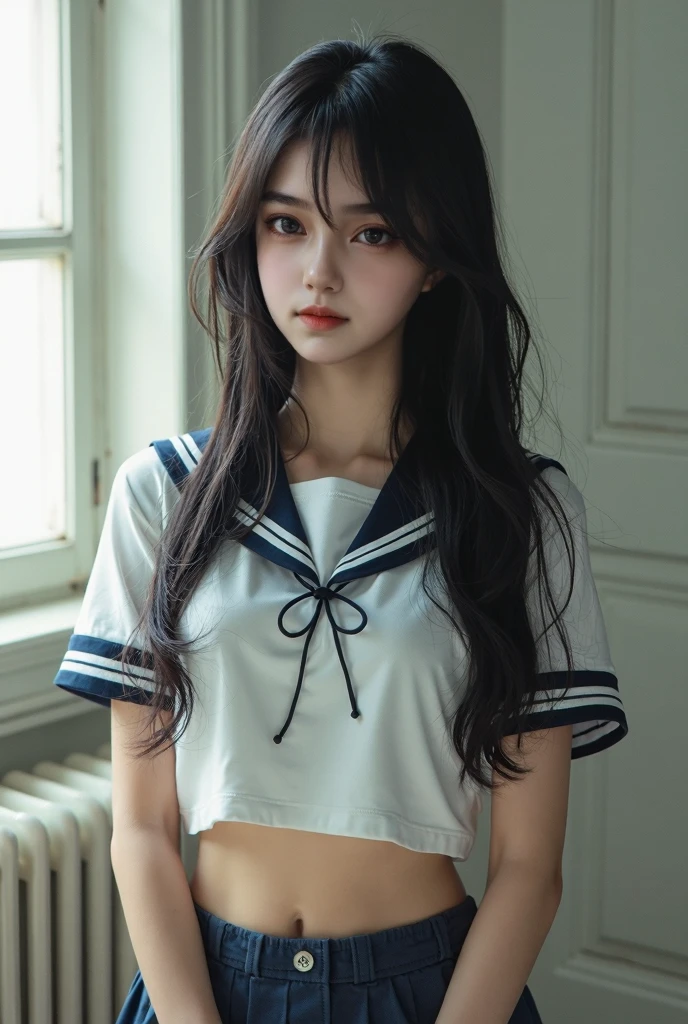 nsfw, 4k, 8k, 16k, masterpiece, best quality, ultra high res, High detail RAW color photo, professional photograph, (realistic, photo realistic), depth of field, Lens Glow, Sony α7, 35mm, f1.8, knees to chest, 1 school girl, (high detailed cute face:1.1), high detailed eyes, big eyes, Brown hair, long hair, (huge breasts), (tight sailor uniform:1.2), (mini-skirt:1.2), hugging own legs, (panty shot:1.4), (white panty:1.3), (highly detailed background), classroom, open window, curtains, (Sunlight shining through:1.2), The winds are blowing