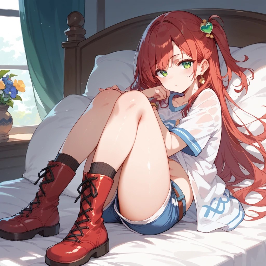 score_9, score_8_up, score_7_up, source_Cartoon, Morning Fragrance  ,   red hair, (green eyes, one side up),,hair accessories,   Glossy Skin , long hair, Short Skirt Black Above Knee Boots Hooped Earrings Small Cute Slim Shoulder Short T Full Body Drop Thigh Shoulder