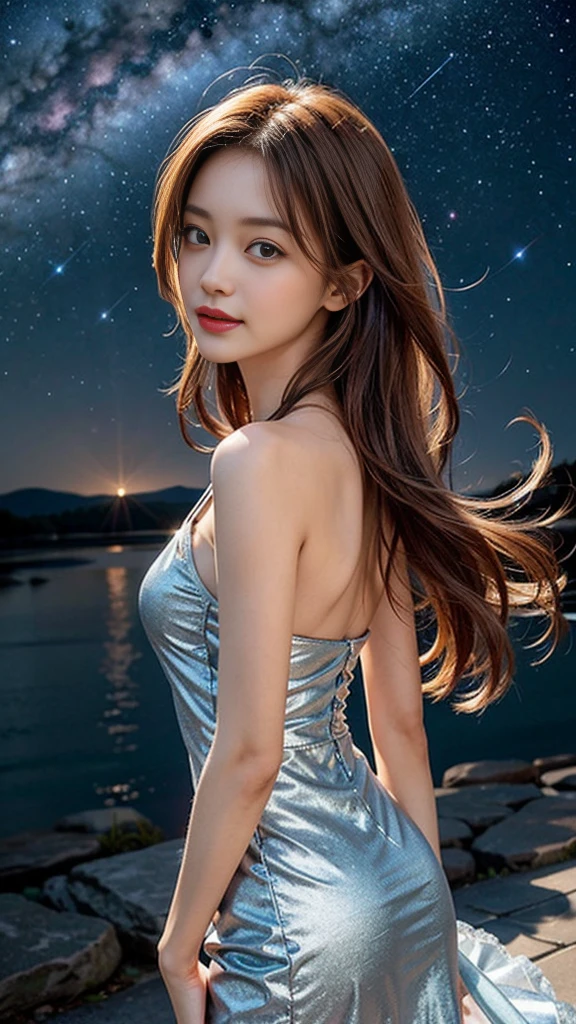 Highest quality, masterpiece, Realistic, High resolution, 8K RAW Photos, 1 Girl, Browsing Caution、Medium Long Hair、Star-decorated headband、((Glamour body:1.3))、(Blue casual dress with space and star print、Gold border)、(((Cheeky Pose)))、(Hill where you can see the night sky)、(UFO in the starry sky:1.2)