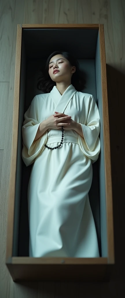 top-quality, masterpiece, 36K, very high res, hyper realistic photography, (Full body shot), (((a dark night, Candlelight in a messy room))), 1girl in, perfect human shape, (((outfit: Japan nun's attire, White Nun Hood, dark circles under the eyes))), Portrait, hyper detailed face, ultra realistic textures, (Wide legs open to the viewer, In a shabby and messy abandoned Buddhist temple, in Japan), ((Big exposed from a nun's outfit)), statue of Buddha in the room,