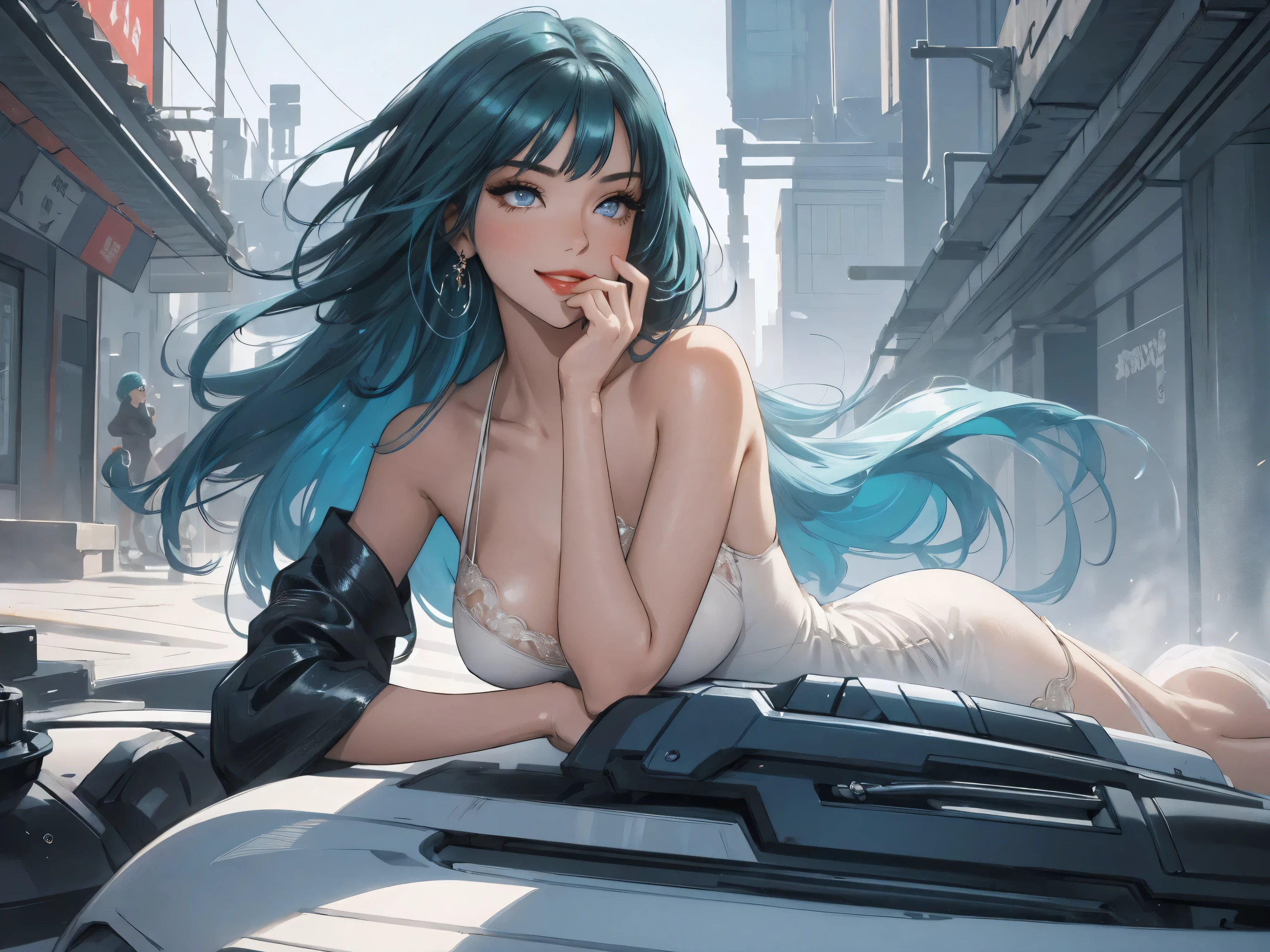 1girl,a beautiful fashion model ,(masterpiece, detailed background, best quality),short and shiny hair, blue green hair, hair with highlights, bangs, smirk,juicy lips,red lips, calmart, lingerie, stripping, elegant makeup, blue eyes, full body shot, (shiny skin), cyberpunk, sci fi, boa, extravagant jewelry, cocky expression, covered in jewelry, fancy, white dress, ((hand covering mouth, smug, discrete laughter)), laying on side, lounging