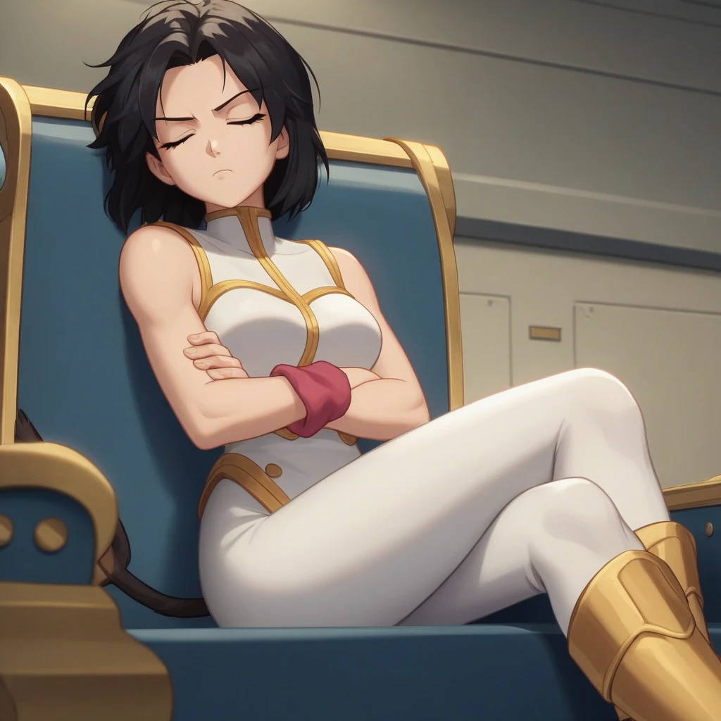 source_anime, score_9,score_8_up, score_7_up, ginedb, anime screencap, masterpiece, best quality, very aesthetic, 8k, absurd res,  perfect quality, 
1girl, solo, looking at viewer, serious face, medium breasts, black hair, bare shoulders, medium breasts, medium hair, closed eyes, spiked hair, eyelashes,  head down, expression of seriousness, look down, sleeping, 
ginedb, black eyes, black hair, medium hair, spiked hair, monkey tail,
saiyan armor, green saiyan armor, bare shoulders, pink wristband, black pantyhose, boots,
Brown sofa chair, sitting on sofa chair, indoor a round capsule ship, white padded walls, red filter, 
sitting with arms crossed, legs together on the side, narrow, closed place, little space,

front, 
