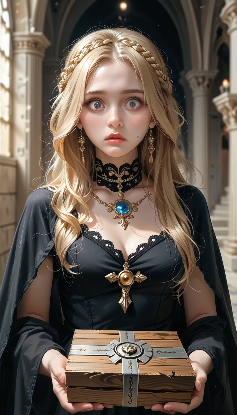 detailed portrait of a beautiful young woman, greek goddess pandora, long blonde hair, cute, looks surprised, holding a black wooden box, a box full of darkness, she looks at the box she's holding, greek mythology, dark night, black dress, detailed facial features, palace corridor, at night, in the dark, realistic, box opens, photorealistic, ultra-detailed, 8k, best quality, masterpiece, intricate ornate jewelry, black smoke is coming out of the box