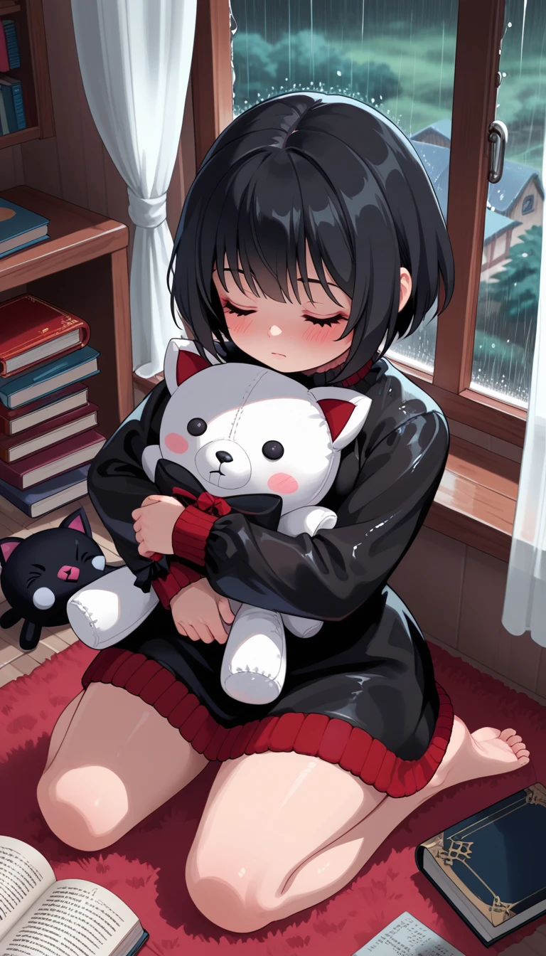 score_9,score_8_above,score_7_above,
Luzes LowKey_v2, 1 ,Alone, colored short hair (red and white)),  thick thighs , ,Blush,fringe, black hair ,long sleeves pink ,sitting,eyes closed,bare feet, inside the house ,book,window,Kneeling, plush toy, stuffed animal,curtains,rain,hug object ,black cat,stuffed black cat
 